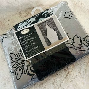 6pc window set, 2 Faux Silk Flocked Panels 2 solid Voiles 2 Rope Tiebacks